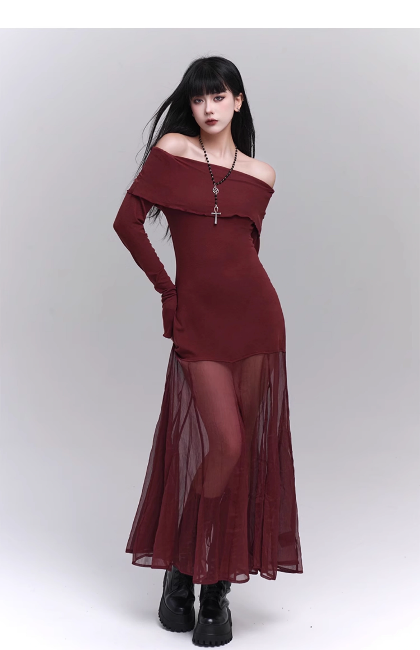 Elegant Design Sense Wine Red Velet Long-sleeved Dress TP2924