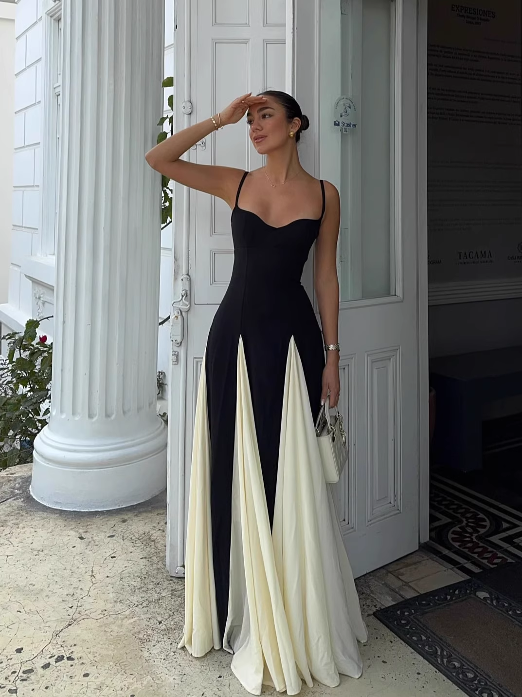 Vintage Black and White A-Line Prom Dress Spaghetti Strap Evening Dress Long Formal Dress TP4639