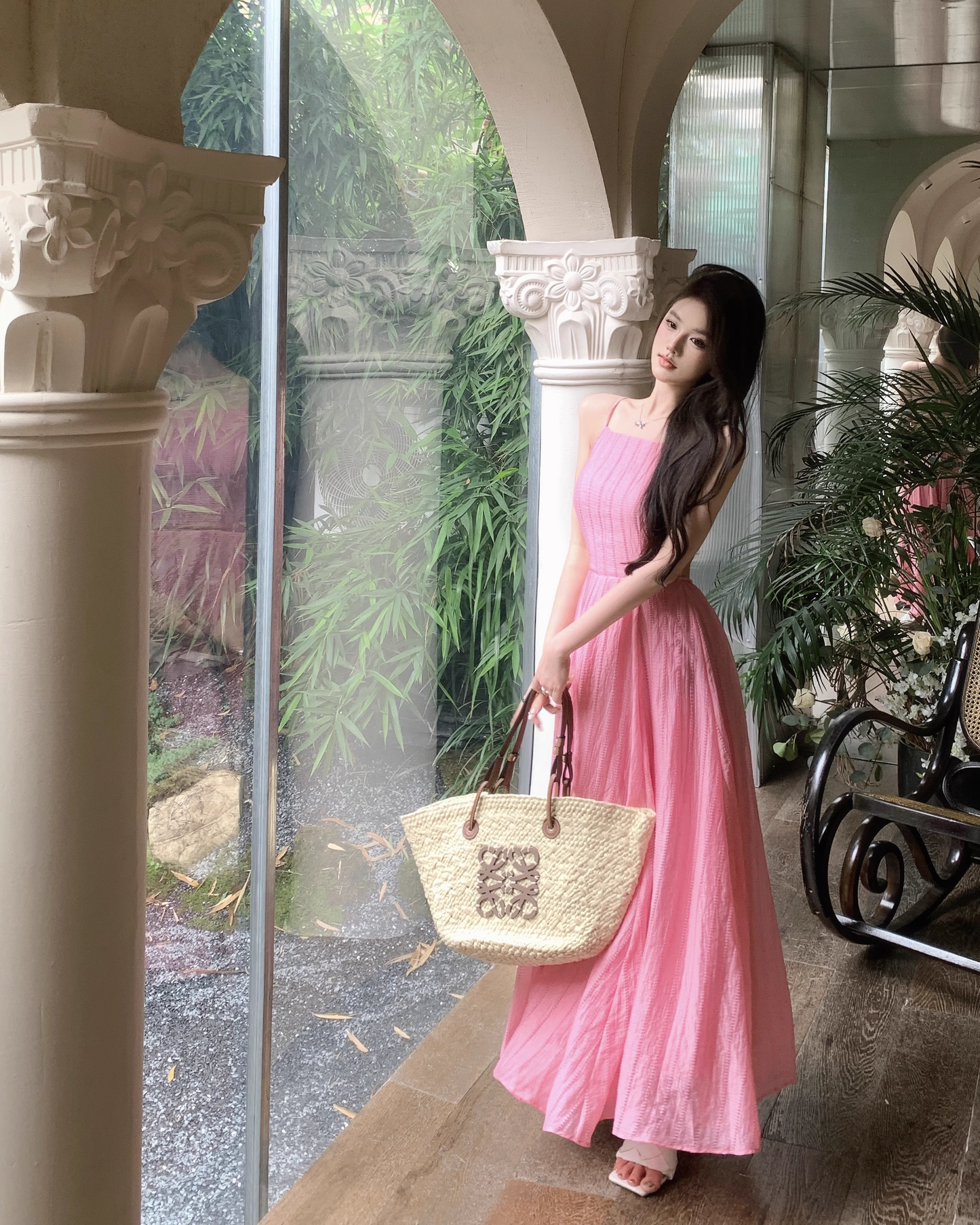 Simple Fashion Rose Pink Backless Loose-fitting Design A-line Spaghetti Strap Dress TP3424