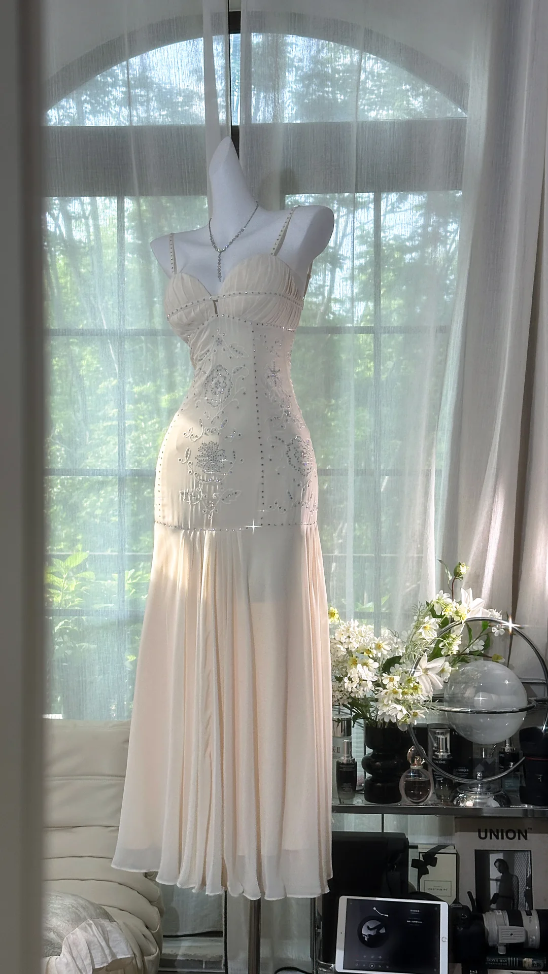 Shiny Ivory Sequined Sweetheart Spaghetti Strap Design Chiffon Prom Dress Evening Dress TP4243