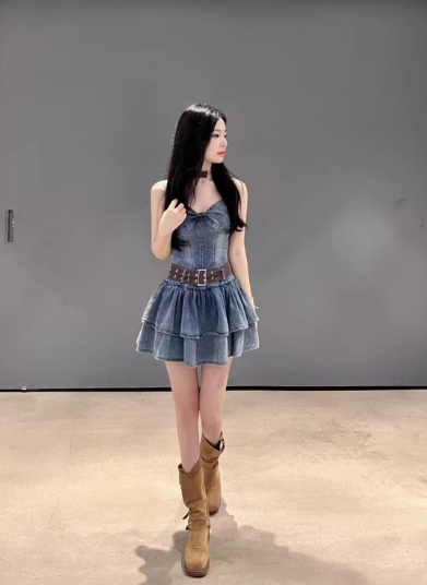 Vintage Ruffled Hem Design A-line High-waist Sleeveless Spaghetti Strap Denim Dress TP3257