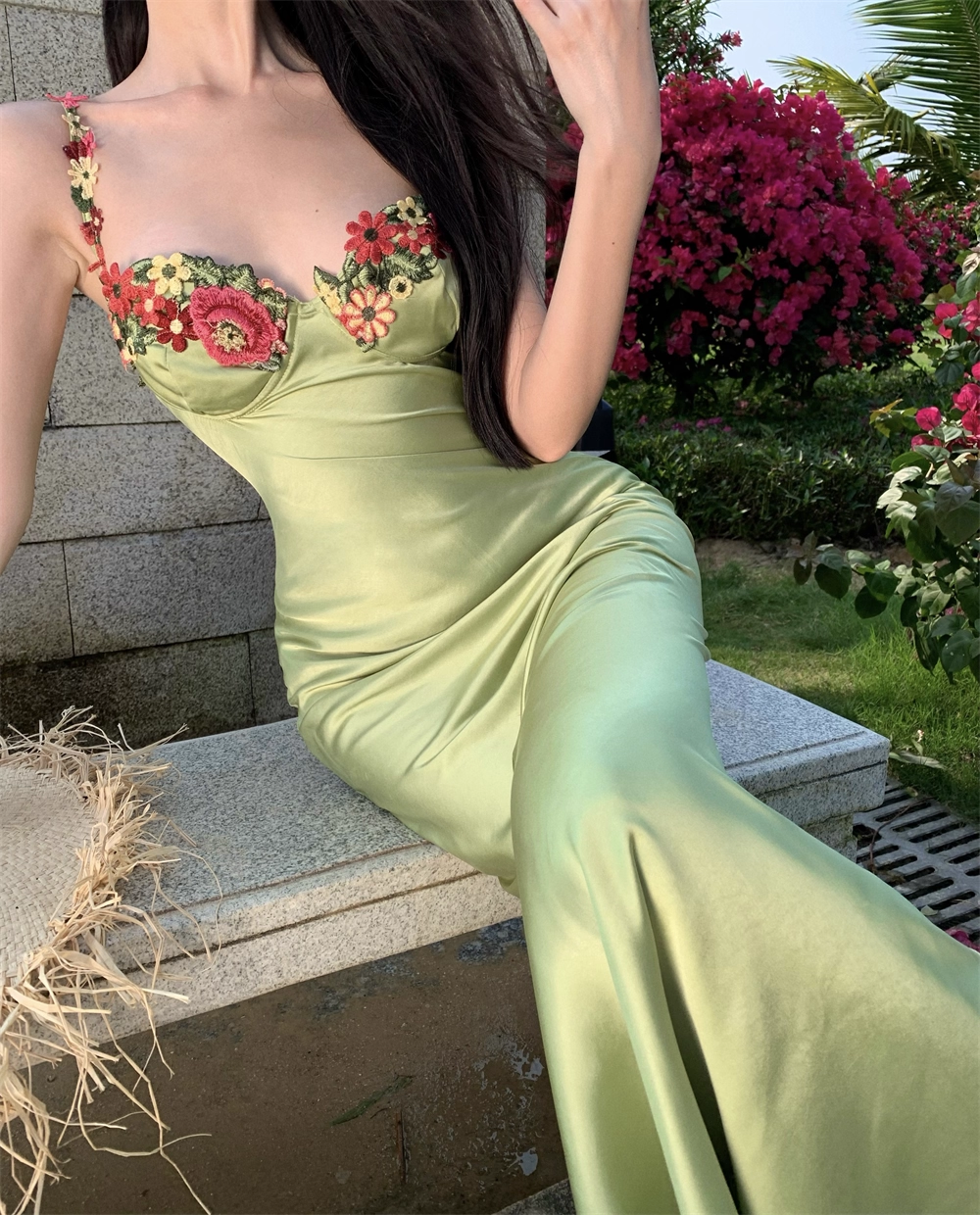 Vintage Green Floral Mermaid Spaghetti Strap Design Satin Prom Dress Evening Dress TP4226