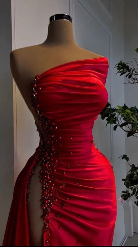 Vintage Red Sheath Beaded Evening Gown One-shoulder Slit Party Dress Satin Floor Length Formal Dress TP4908