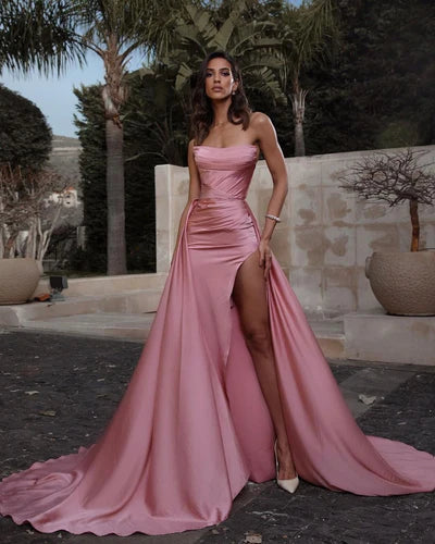 Vintage Pink Satin Prom Dress Strapless Evening Gown High Slit Party Dress Long Formal Dress TP4848