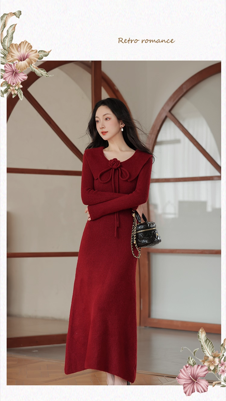 Vintage Burgundy Sheath Prom Dress Long-sleeve Evening Dress Knit Long Formal Dress TP4729