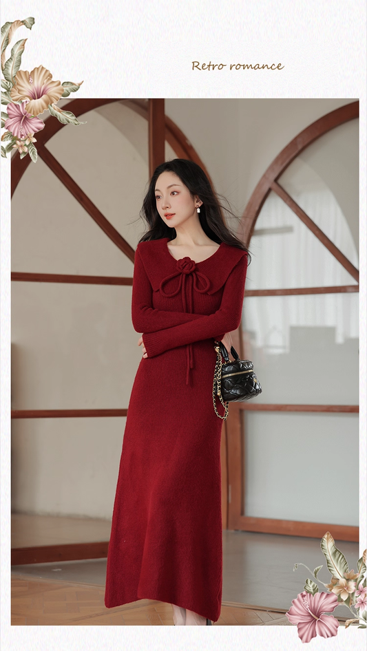 Vintage Burgundy Sheath Prom Dress Long-sleeve Evening Dress Knit Long Formal Dress TP4729