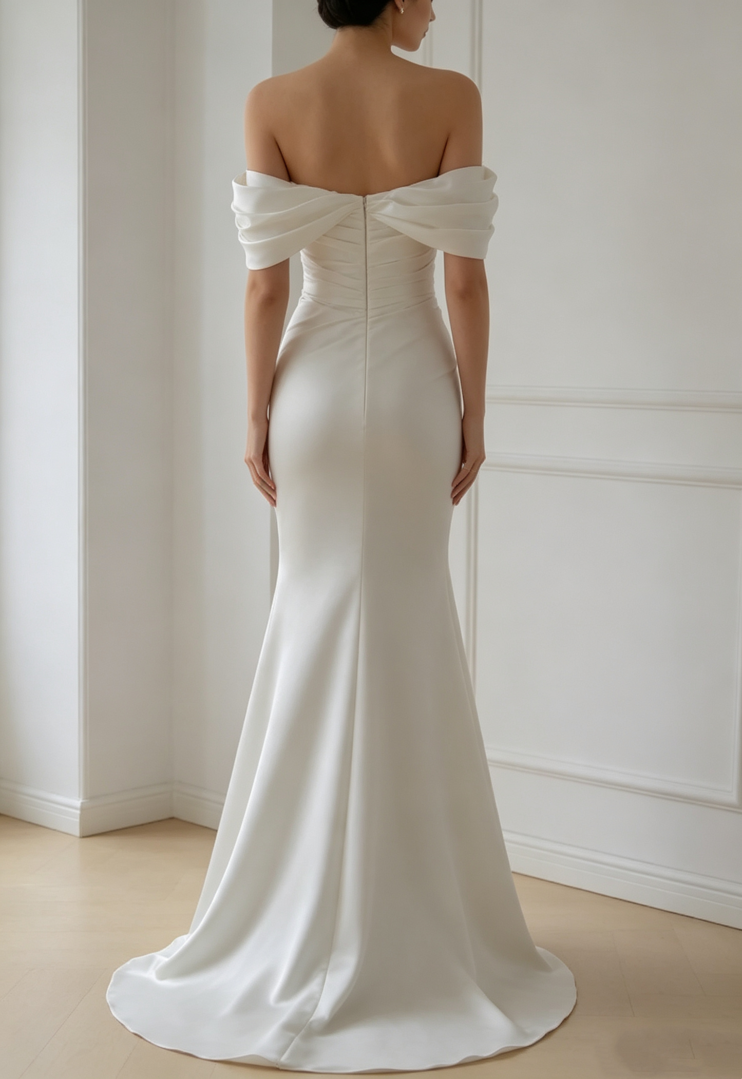Romantic Ivory Off-the-Shoulder Satin Mermaid Ruched Bodice Wedding Dress TP5990