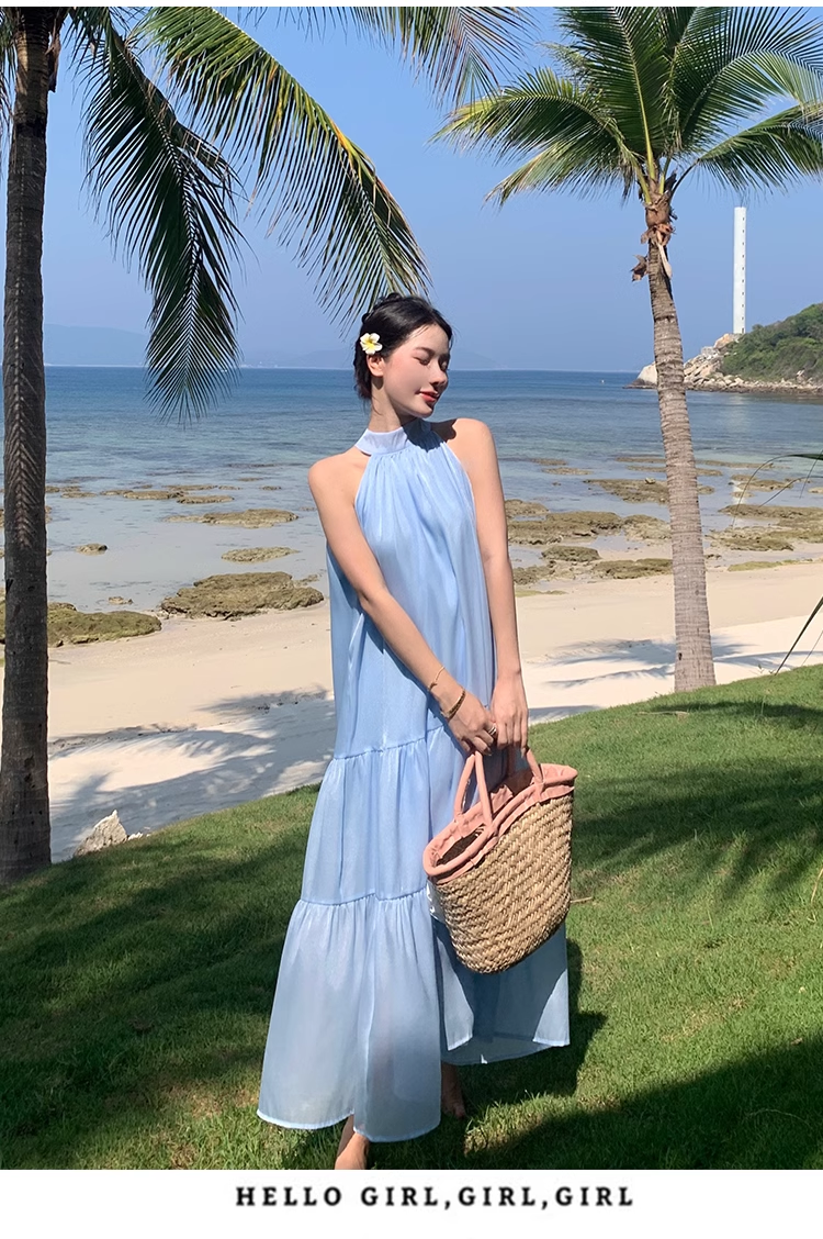 Simple Elegant Blue Design Beach Holiday Halter Dress TP3070