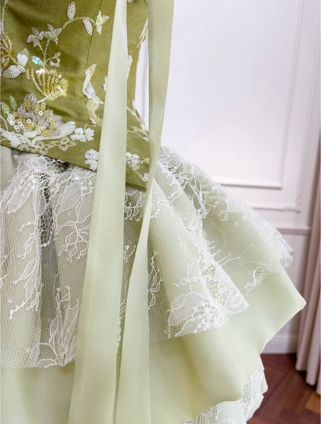 New Fashion Olive Green Mesh Lace Sequined Short Prom Dress, A-line Homecoming Dress TP3394