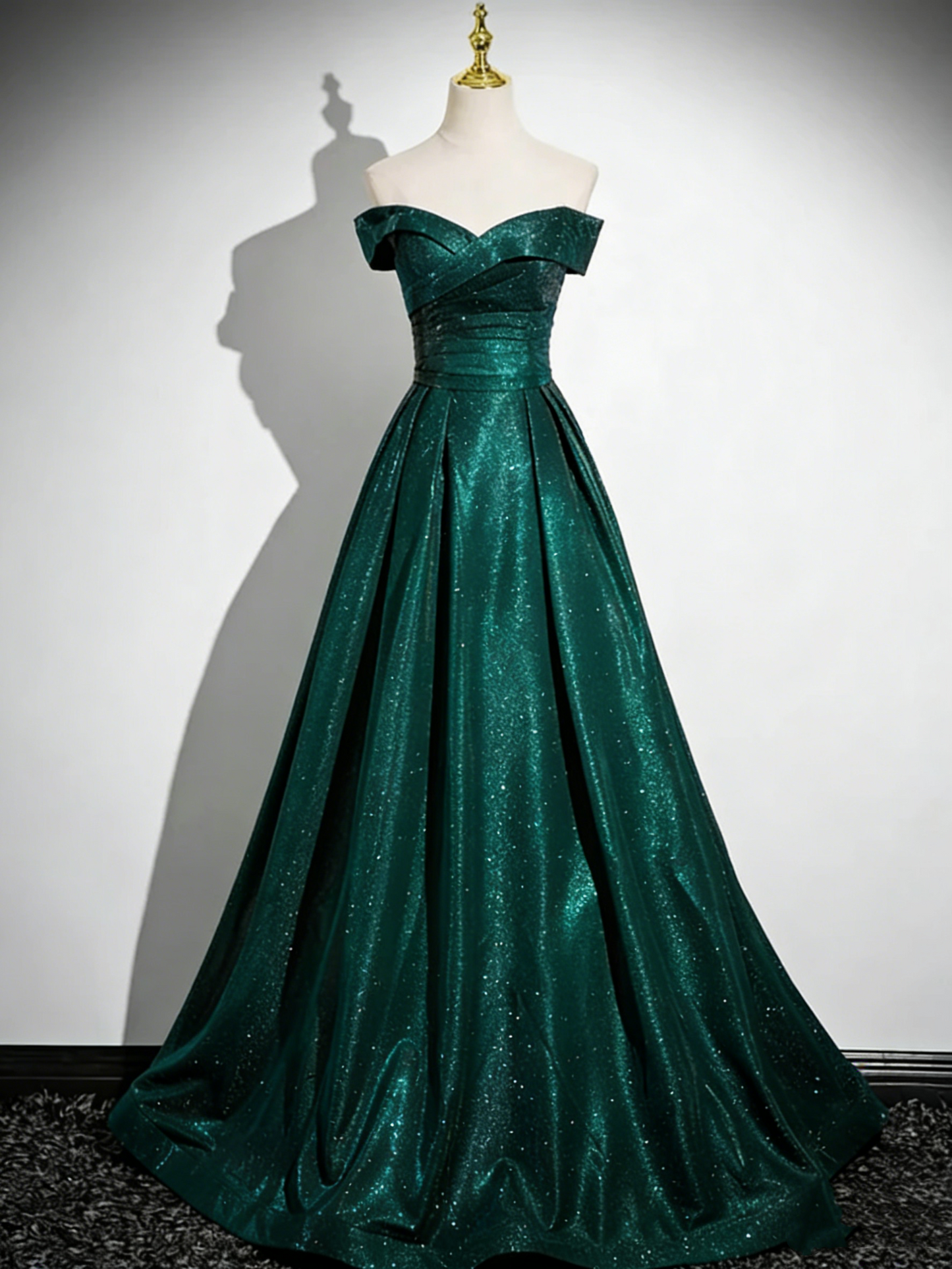 Glamorous Off-the-Shoulder A-Line Shimmering Iridescent Satin Formal Gown Ruched Prom Dress TP115