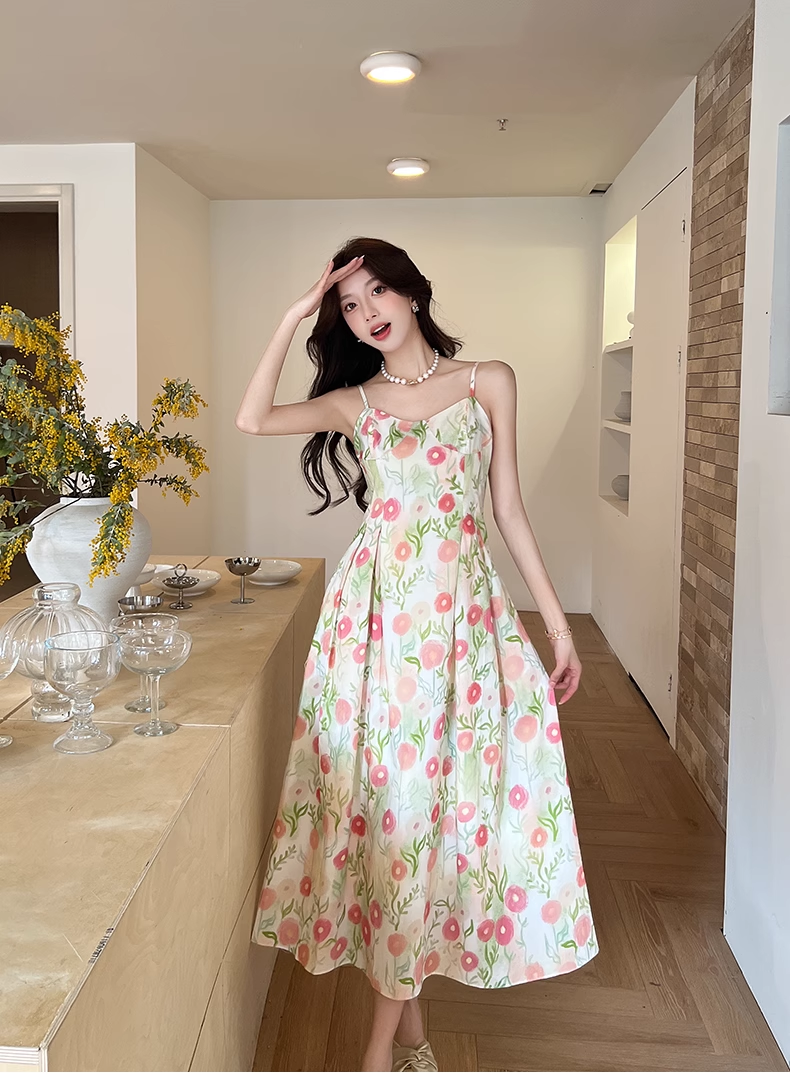 New Fashion Floral Design A-line Sleeveless Spaghetti Strap Dress TP3321