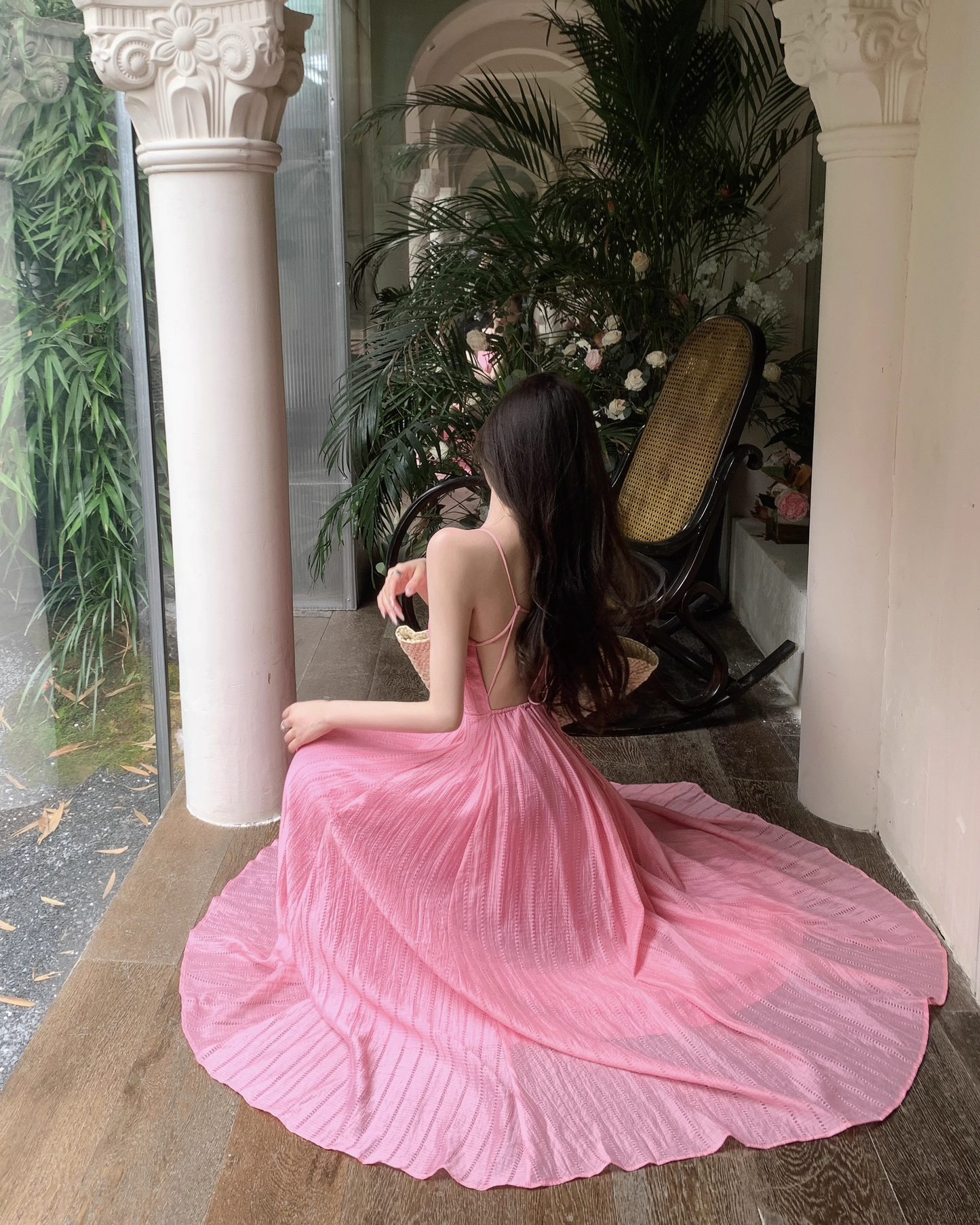 Simple Fashion Rose Pink Backless Loose-fitting Design A-line Spaghetti Strap Dress TP3424