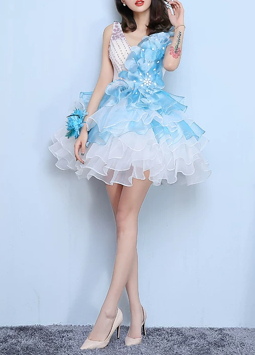 Elegant Sky Blue Ruffled Organza 3D Floral V-Neck A-Line Homecoming Dress TP6101