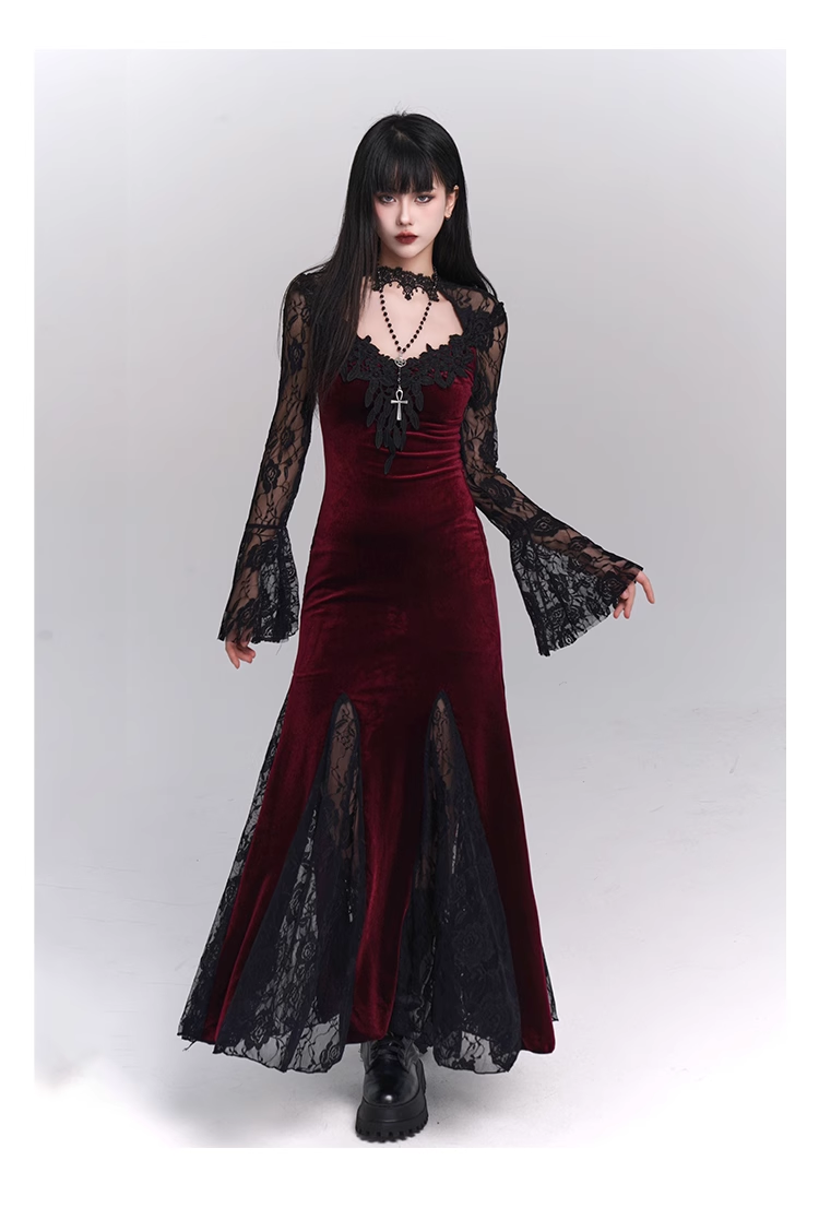 New Ladies Fashion Red Black Gothic Long-sleeved Dress TP2906