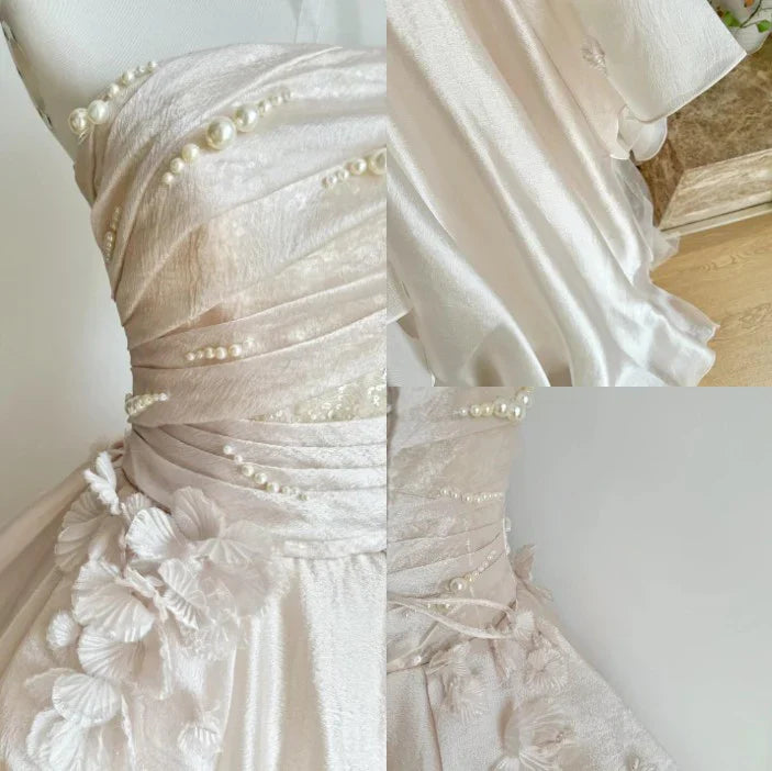 Elegant Pink A-line Strapless Pearl Tulle Floor-length Formal Prom Dress Evening Gown TP2041