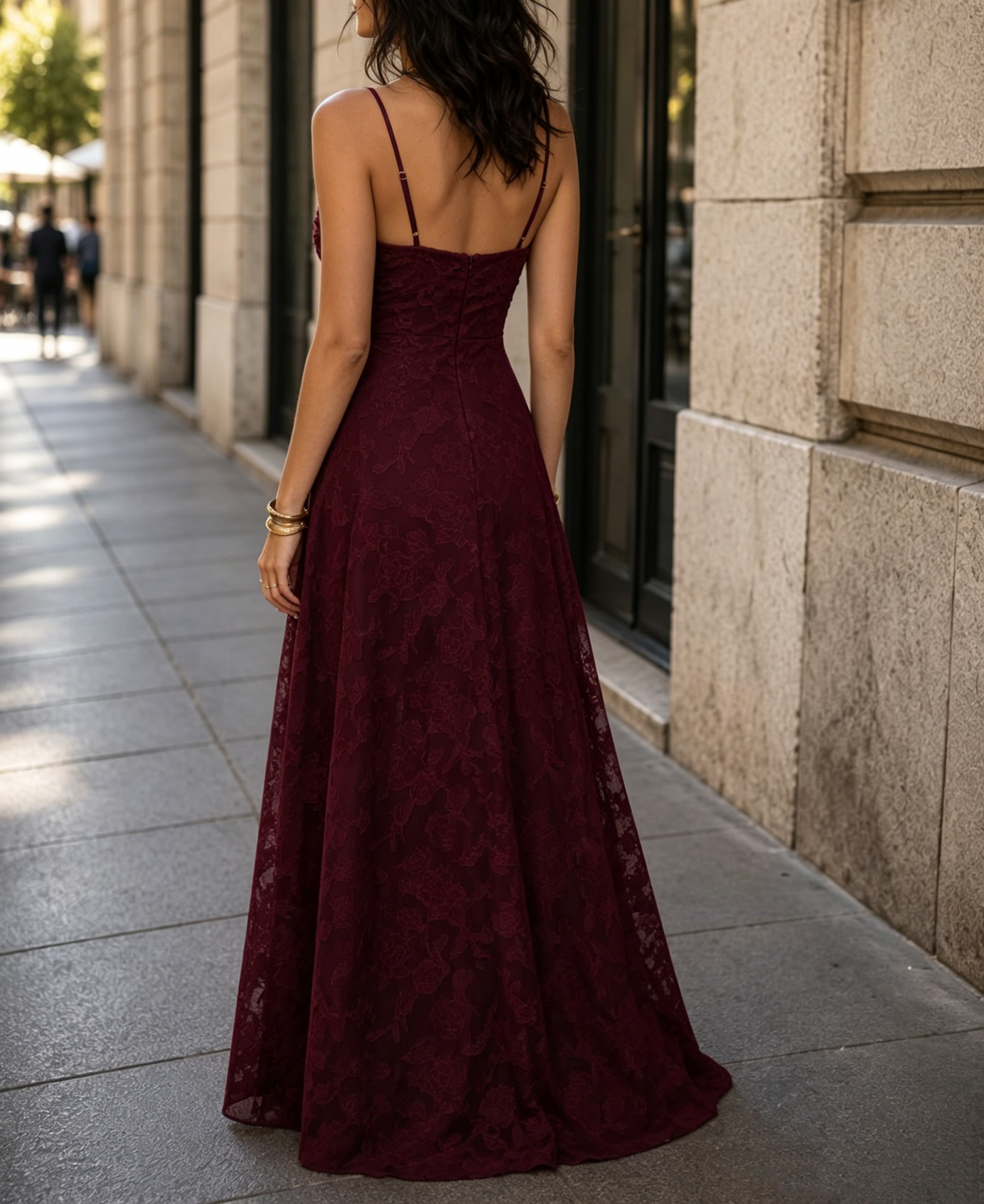 Vintage Burgundy Floral Lace Spaghetti Strap Square Neck A-Line Evening Gown TP5893