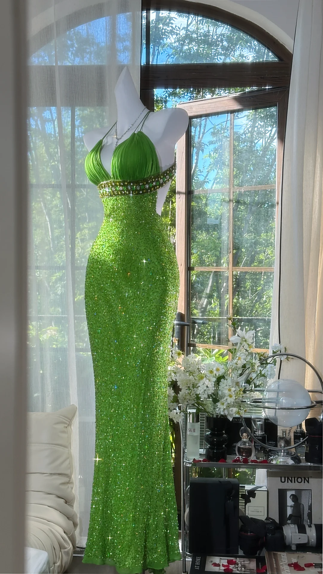 Shiny Green Sequined V-neck Spaghetti Strap Design Chiffon Prom Dress Evening Dress TP4242