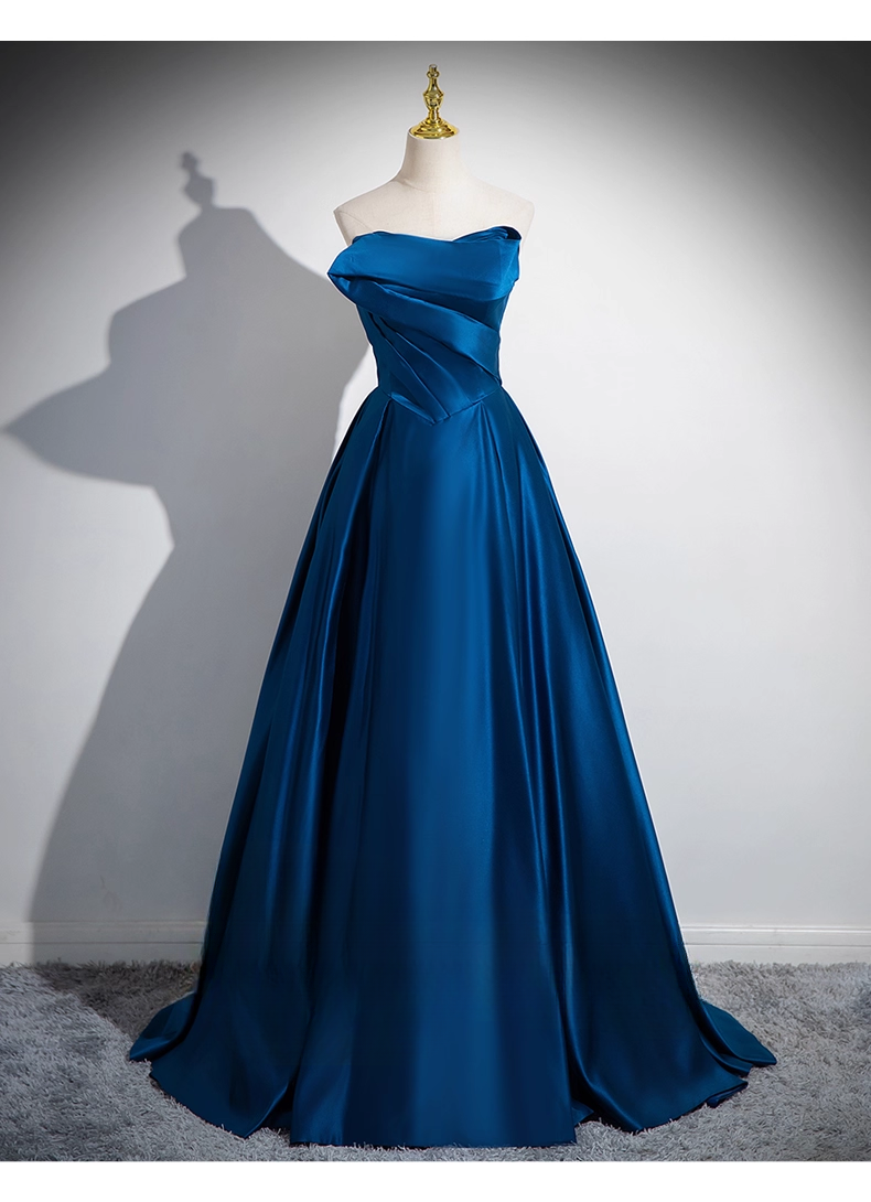 Elegant Royal Blue Satin Sweet 16 Quinceanera A-Line Strapless Evening Dress Long Ball Gown TP4944