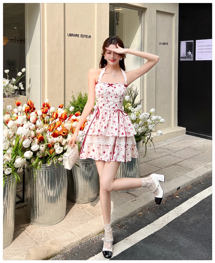New Fashion Red Floral Print Bow Design A-line Halter Dress TP3342