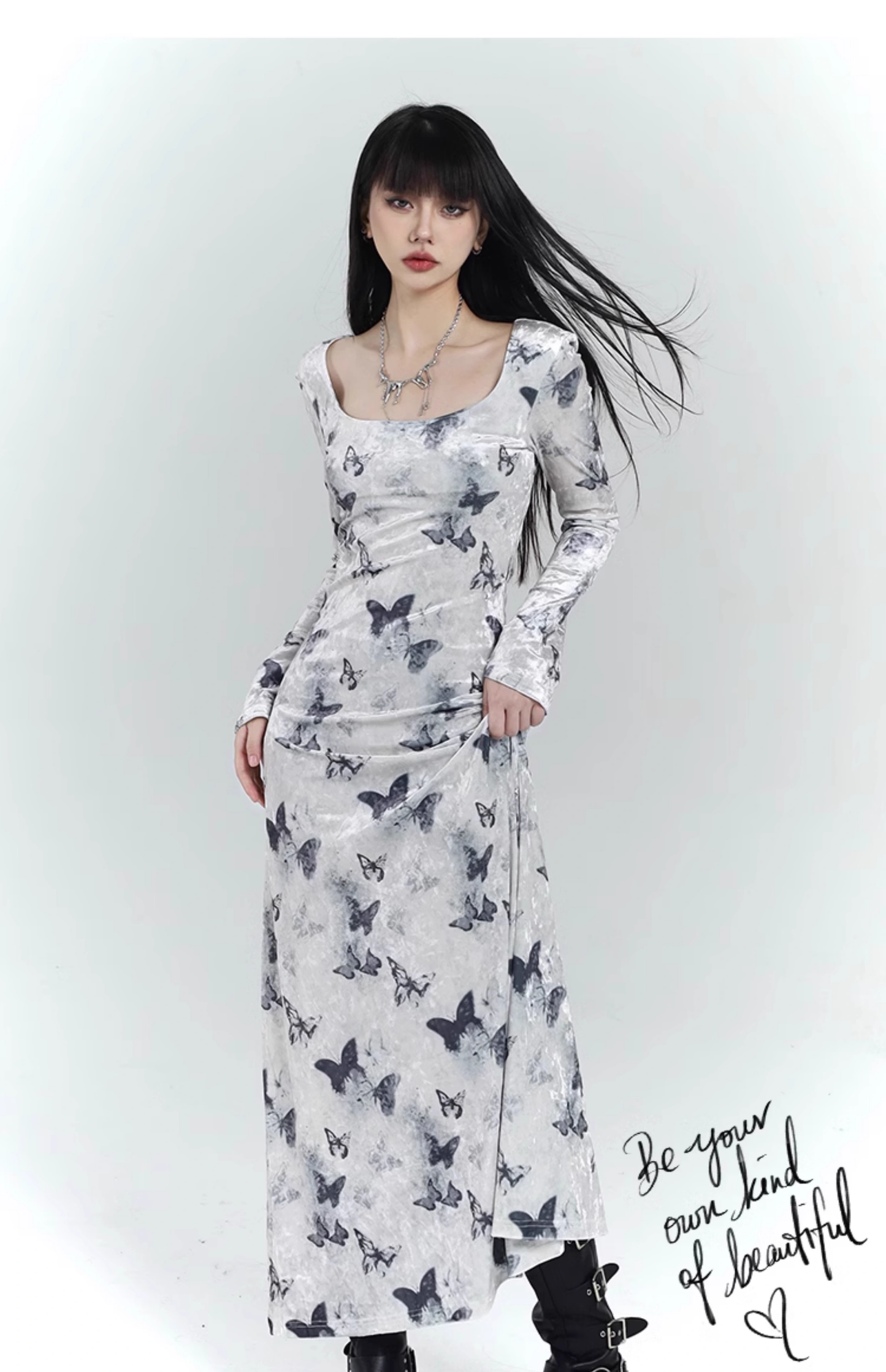 New Fashion Butterfly Pattern Design Sense White Long-sleeved Dress TP2929