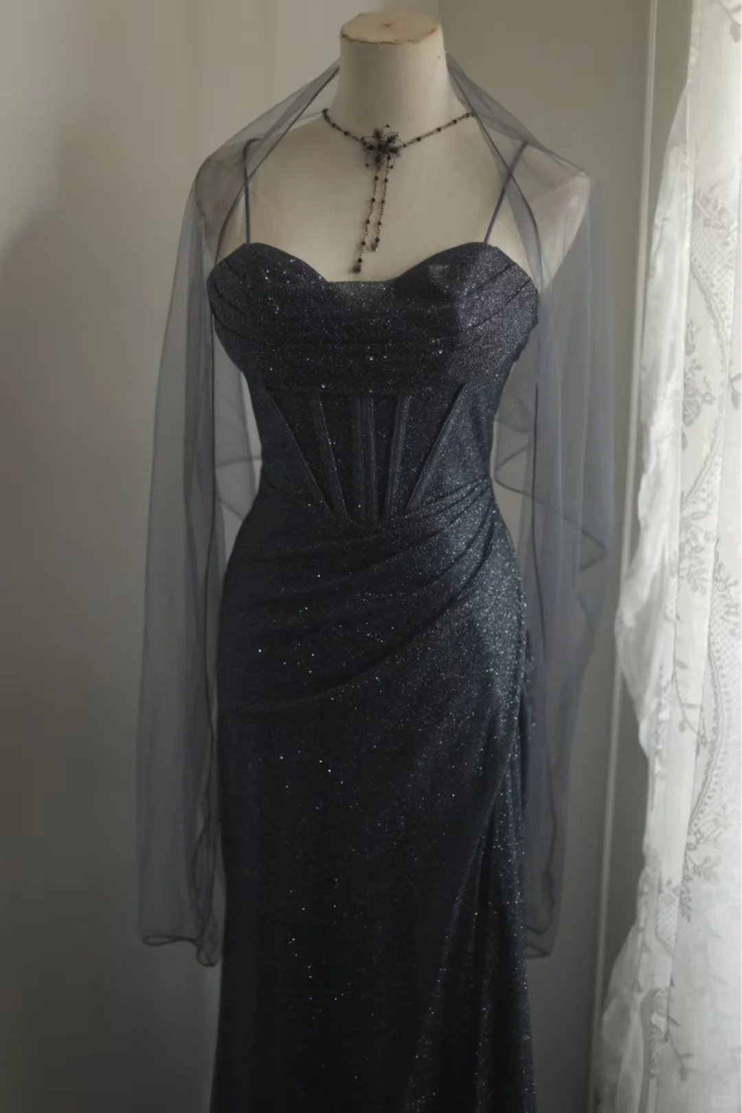 Elegant Black Glitter Corset Evening Gown Strapless Sweetheart High Slit Prom Dress TP5633