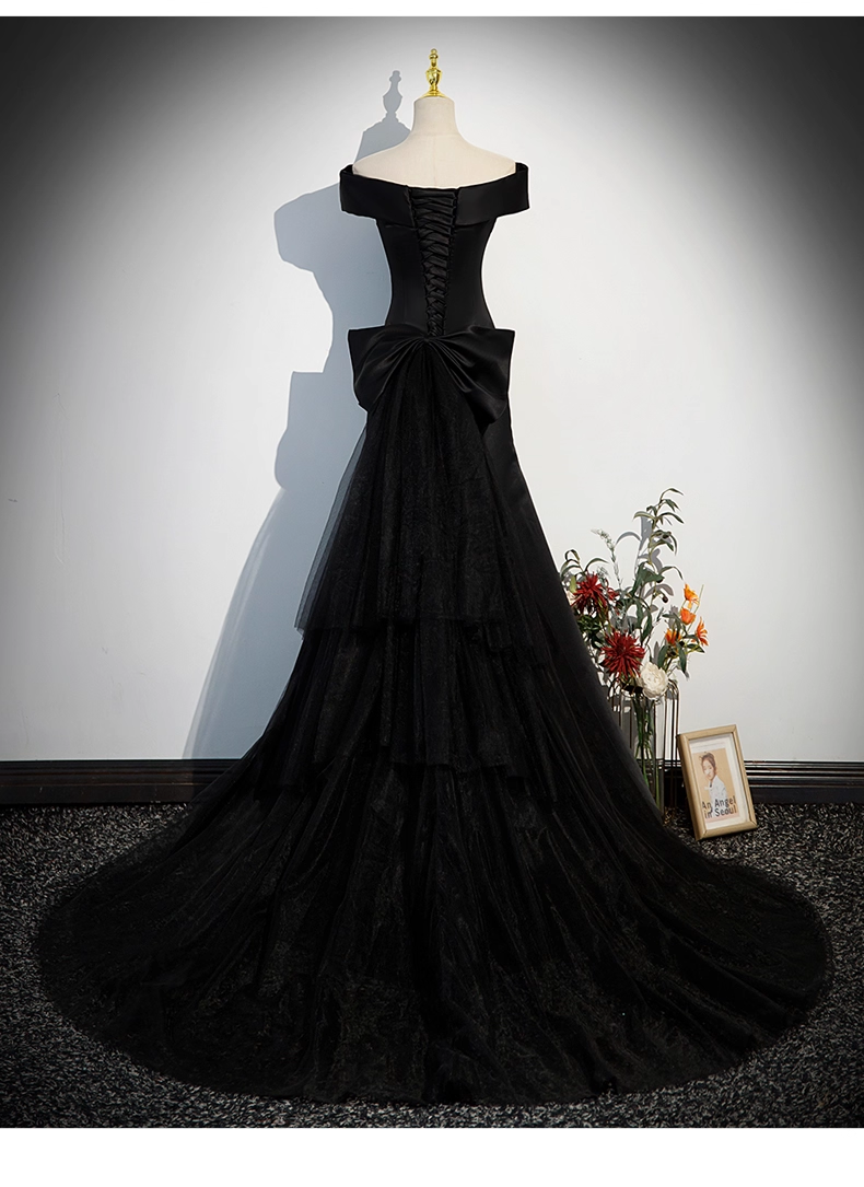 Vintage Black A-Line Evening Gown Satin Off-the-shoulder Party Dress Tulle Dress Hem Formal Dress TP4941