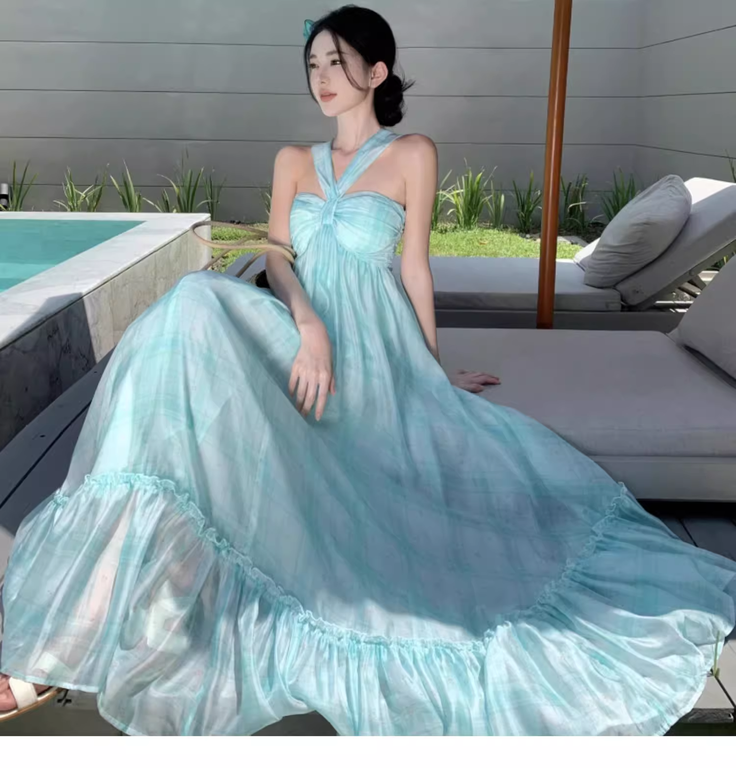 Simple Fashion Mint Green Ruffled Hem Design A-line Beach Holiday Halter Dress TP3525
