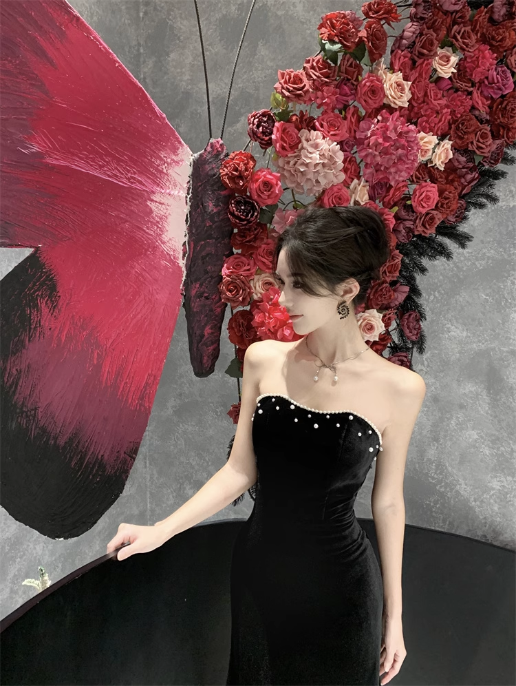 New Simple Design Black A-Line Elegant Women Strapless Dress TP3149