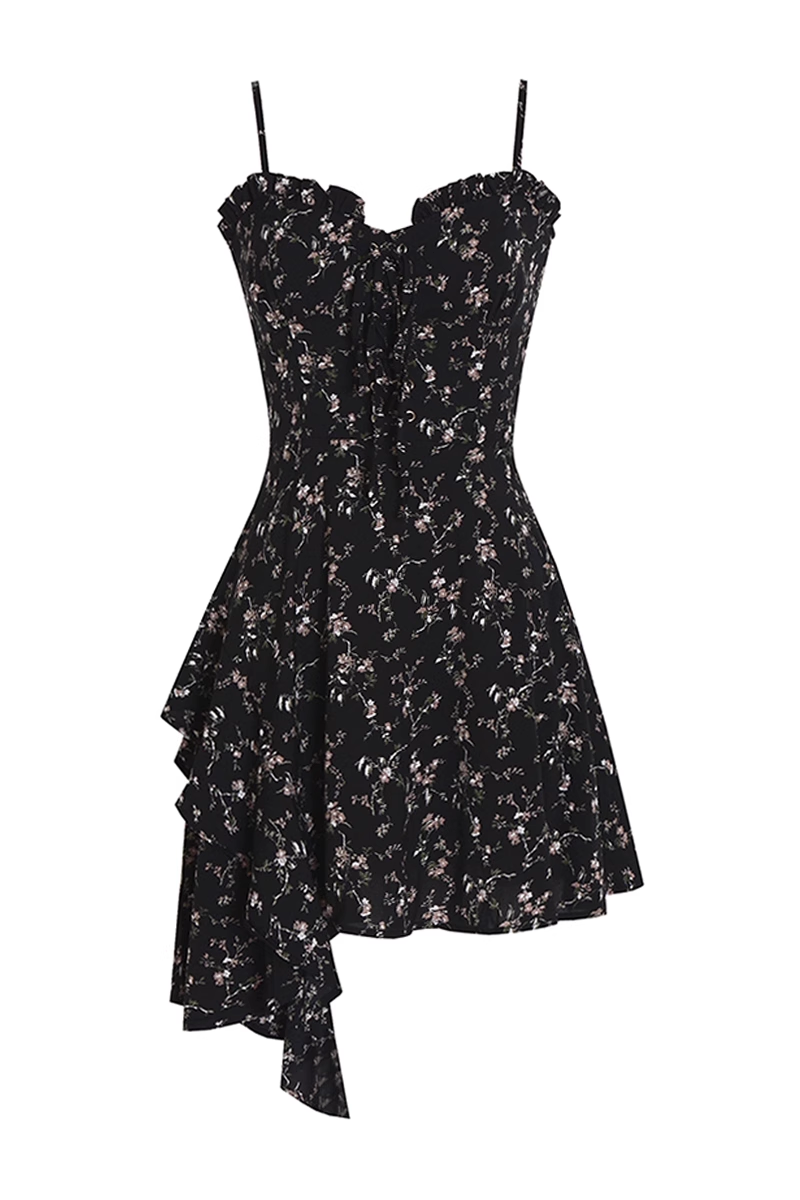 New Fashion Floral Design A-line Black High-waist Sleeveless Spaghetti Strap Dress TP3258