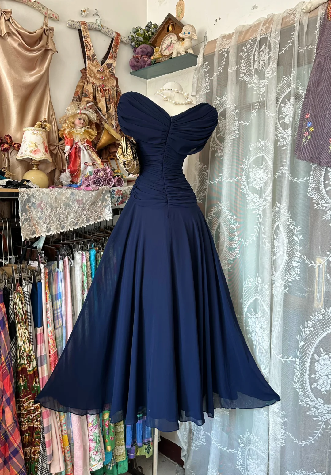 Vintage Navy Blue Off-the-Shoulder Embroidery A-Line Evening Gown TP5857
