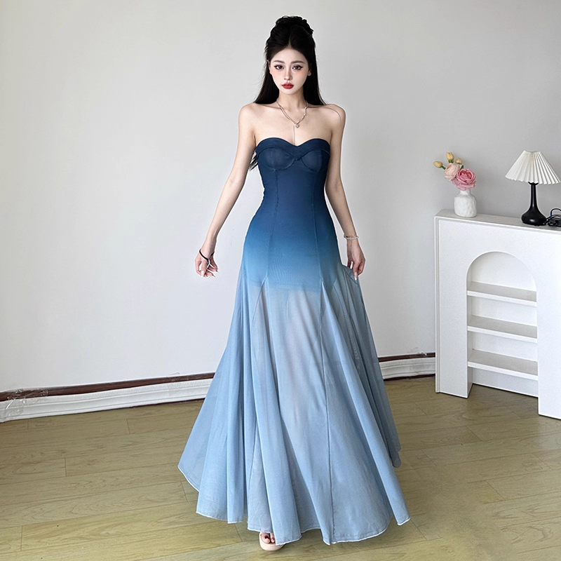 Simple Gradient Blue Sweetheart Strapless A-Line Summer Dresses Prom Dress Evening Dress TP4333