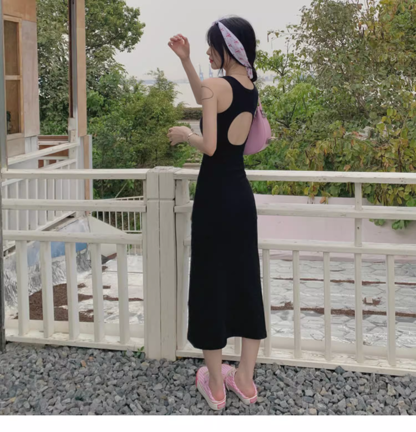 Simple Women Fashion Gray Black Halter Dress TP2988