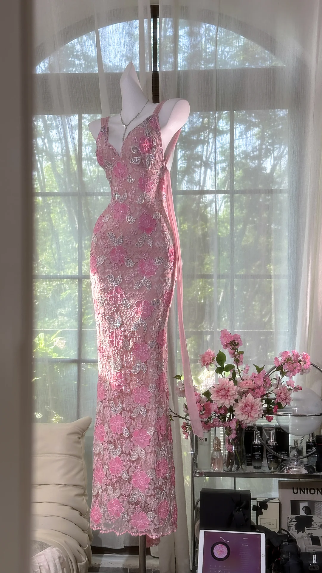 Vintage Gorgeous Pink Floral V-neck Applique Elegant Chiffon Long Evening Dress Prom Dresses TP4150