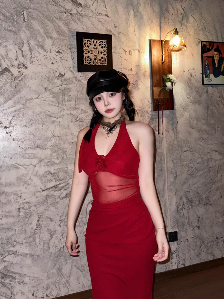 Women Simple Red Sexy Fashion Halter Dress TP2868