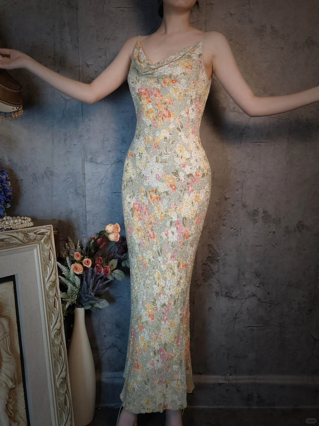 Vintage Floral Spaghetti Strap Sparkling Beaded Design Romantic Chiffon Evening Dress Prom Dress TP4027