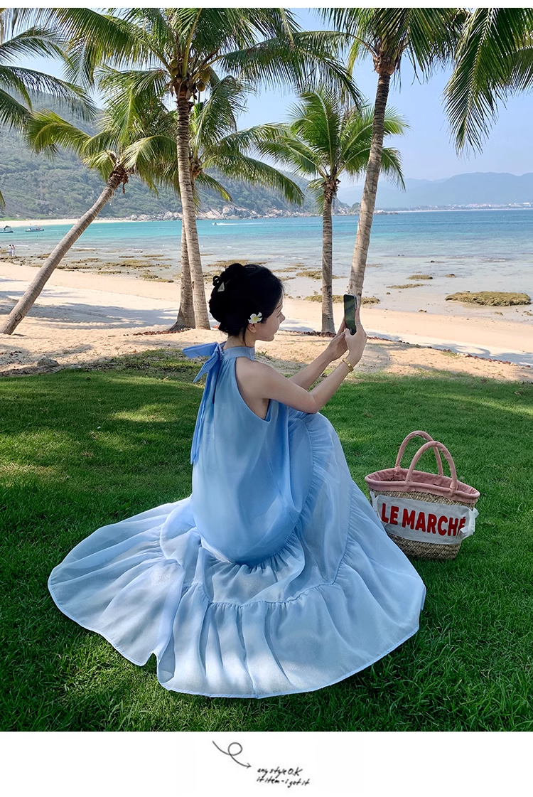 Simple Elegant Blue Design Beach Holiday Halter Dress TP3070