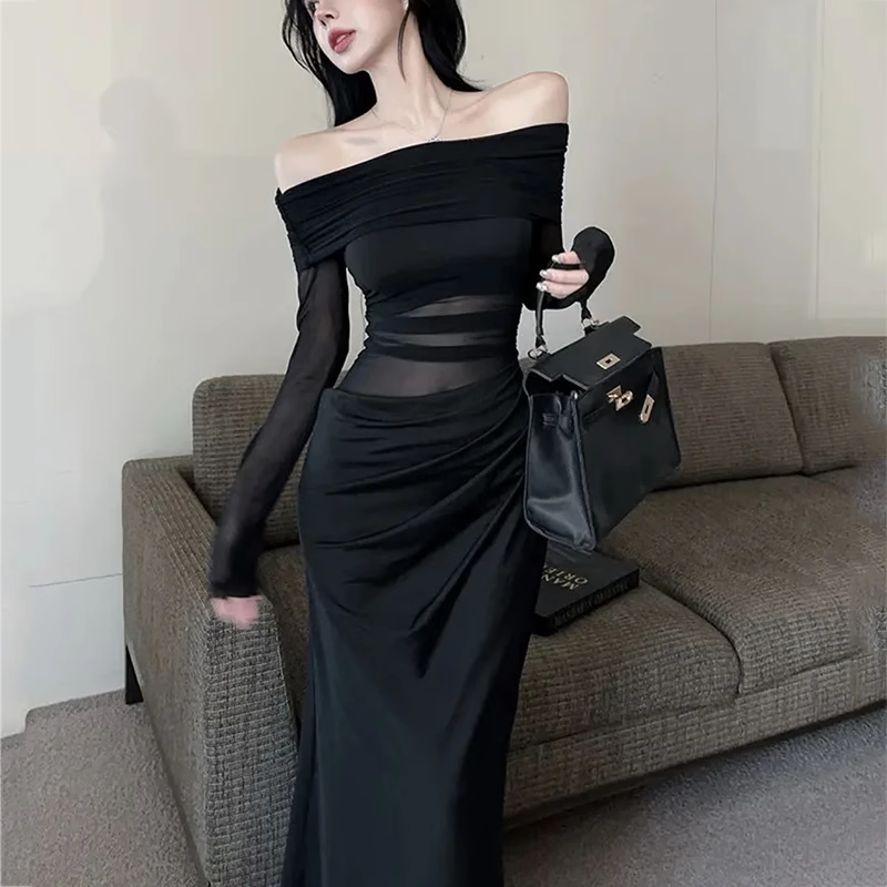 Simple Fashion Black Mesh Long-sleeved Dress TP2902