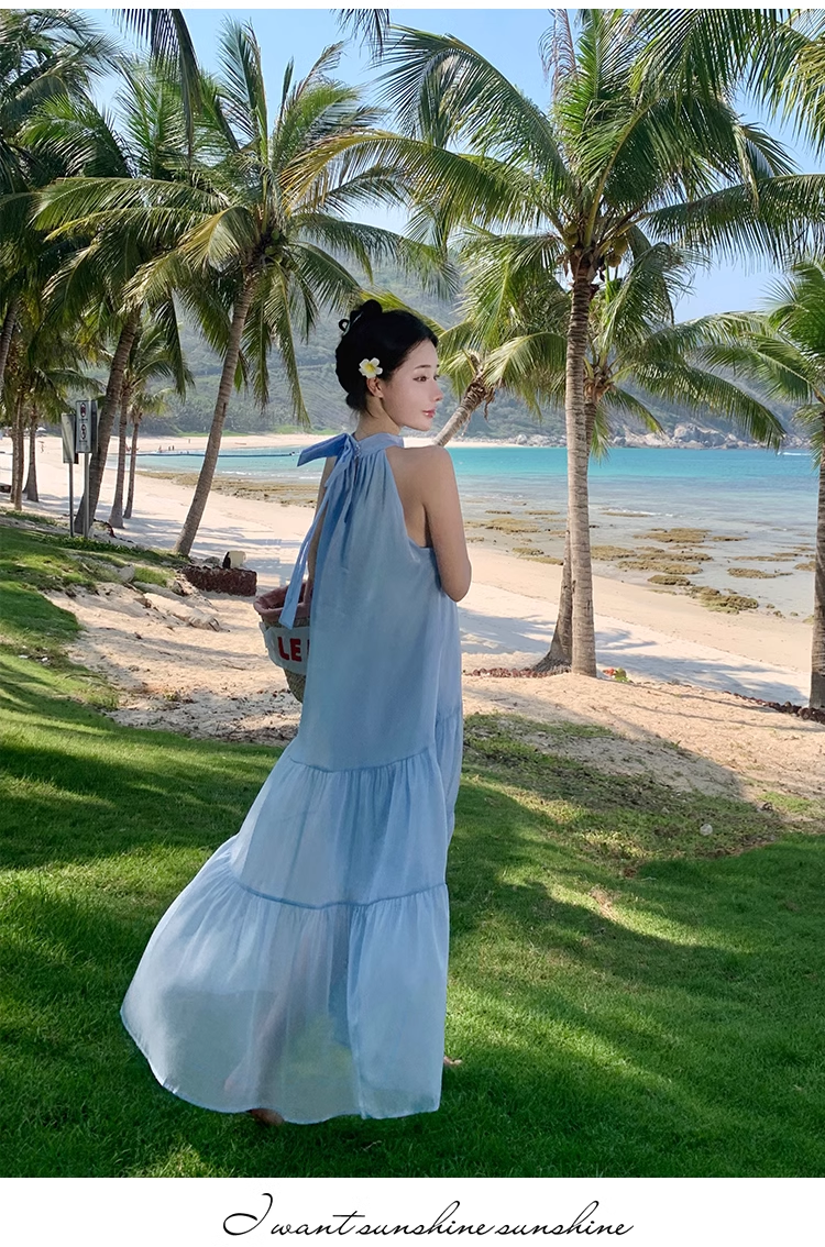 Simple Elegant Blue Design Beach Holiday Halter Dress TP3070
