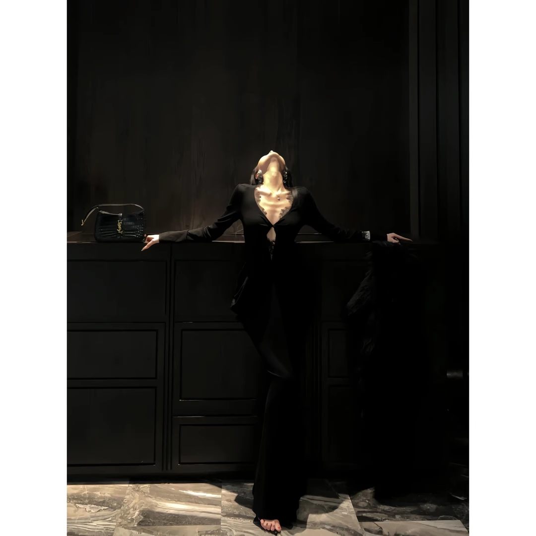 New Sexy V-neck Black Mermaid Long-sleeved Dress TP2898