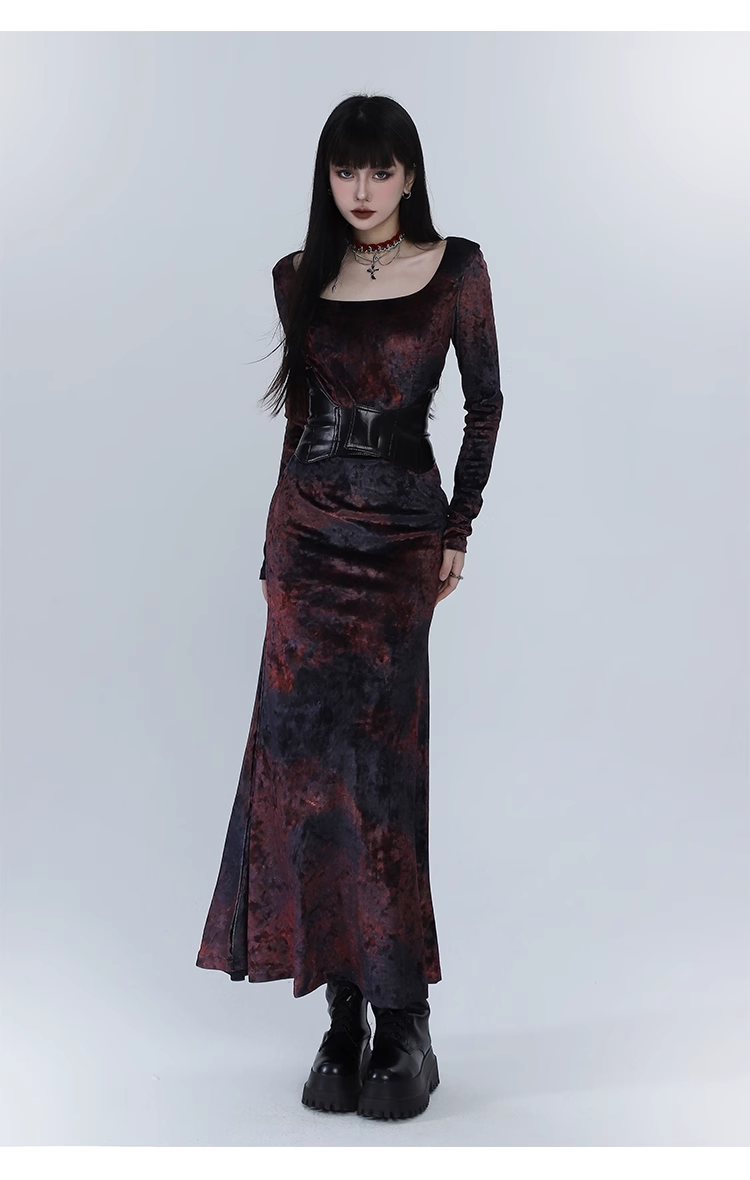 Elegant Design Sense Wine Red Velet Long-sleeved Dress TP2923