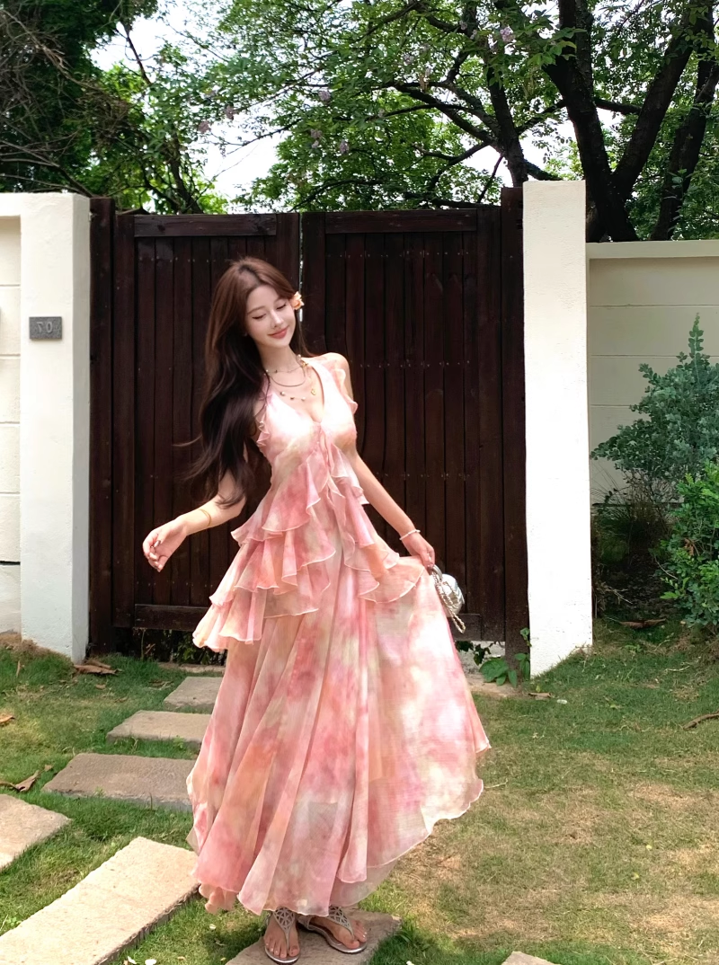 New Fashion Pink Floral Design A-line Beach Holiday Halter Dress TP3614