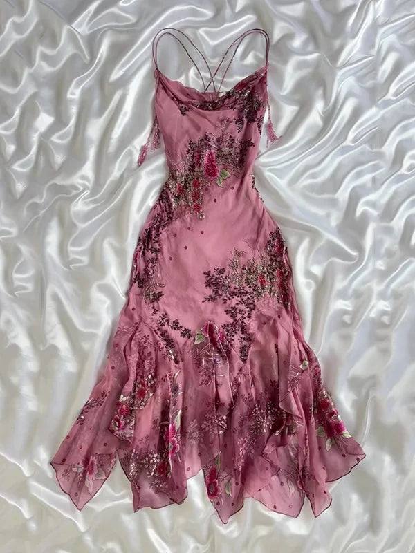 Vintage Pink Floral Embroidery Prom Dress Red Mermaid Evening Dress Satin Formal Dress TP4669