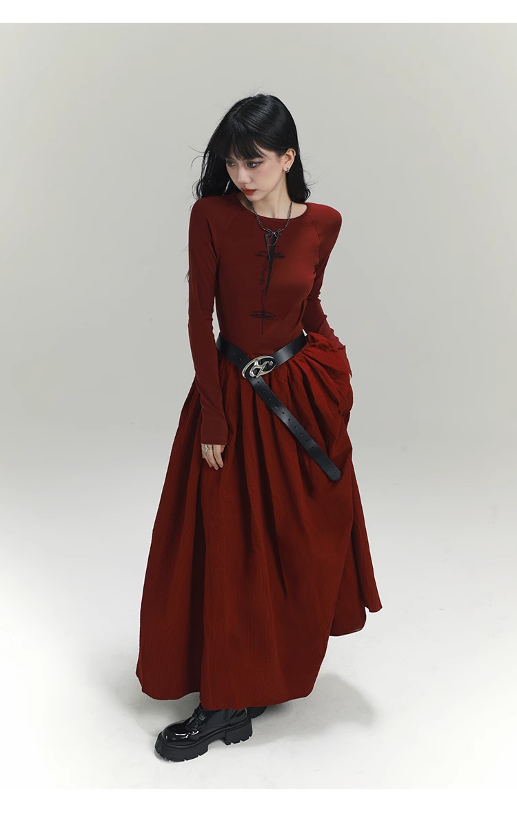 Vintage Elegant Simple Backless Red Long-sleeved Dress TP2917