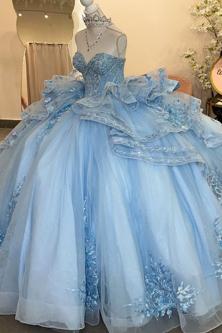 Glamorous Sky Blue Glitter Tulle Strapless Beaded Embroidery Sweet 15 Quinceanera Ball Gown TP5447