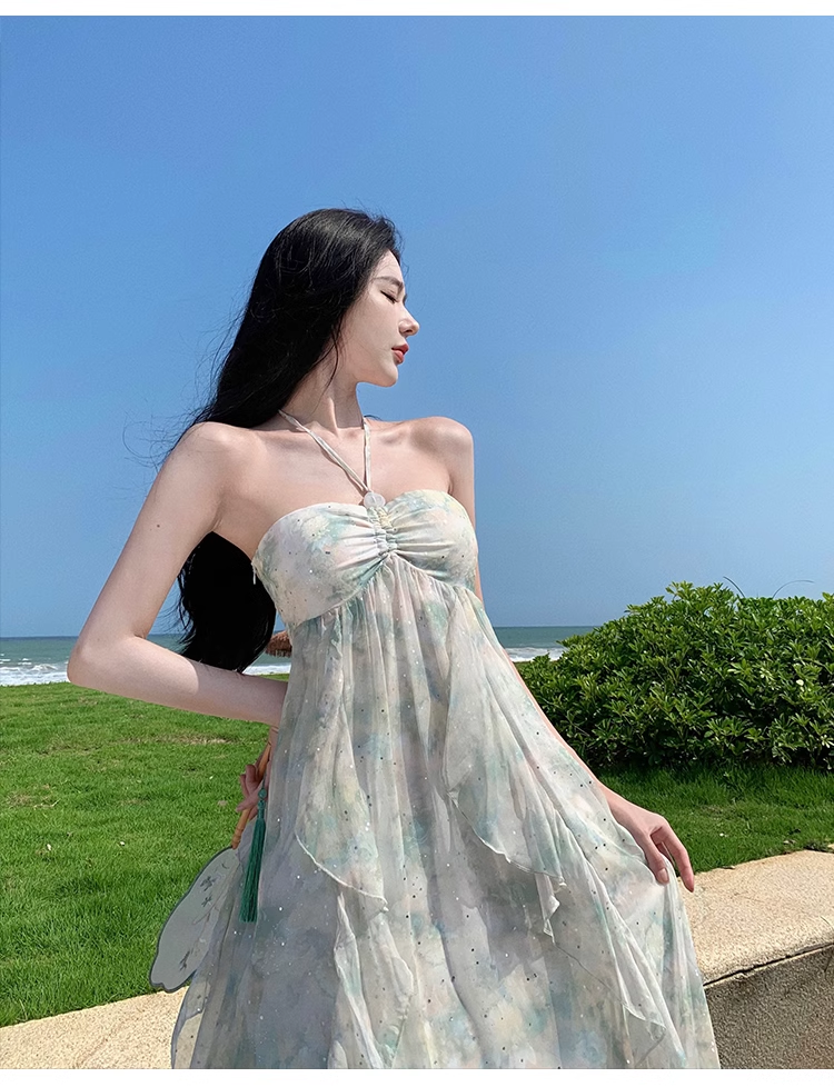 Simple Fashion Women Floaral Design Beach Holiday Halter Dress TP3074