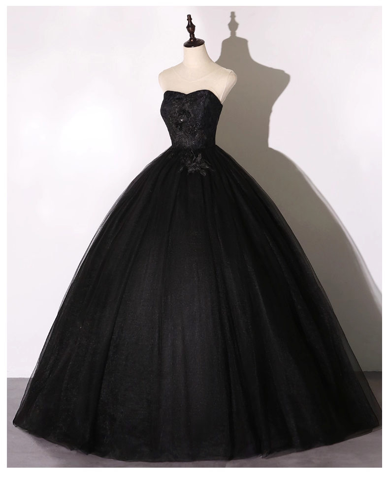 Vintage Black Applique A-Line Evening Gown Tulle Strapless Party Dress Long Formal Dress TP4951