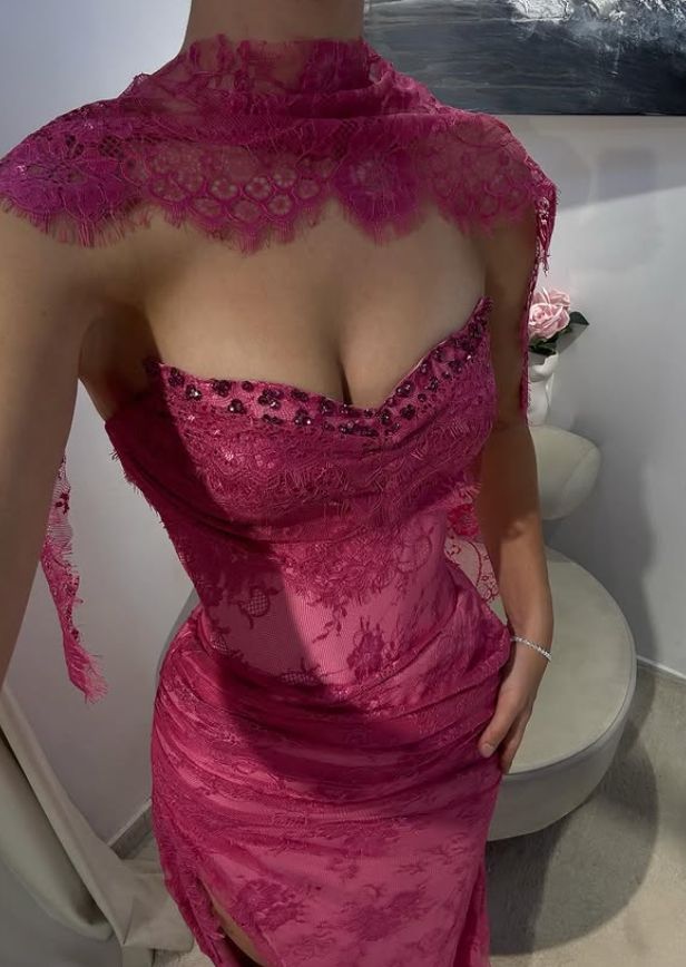 Vintage Fuchsia Sheath Lace Evening Gown High Slit Party Dress Long Formal Dress TP4964