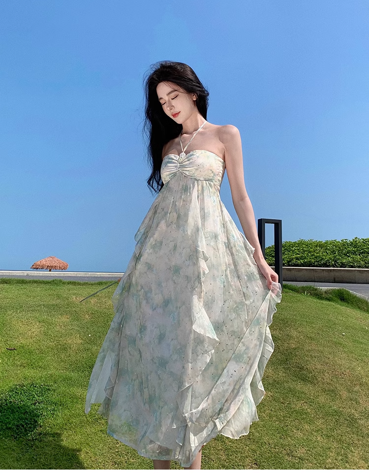 Simple Fashion Women Floaral Design Beach Holiday Halter Dress TP3074