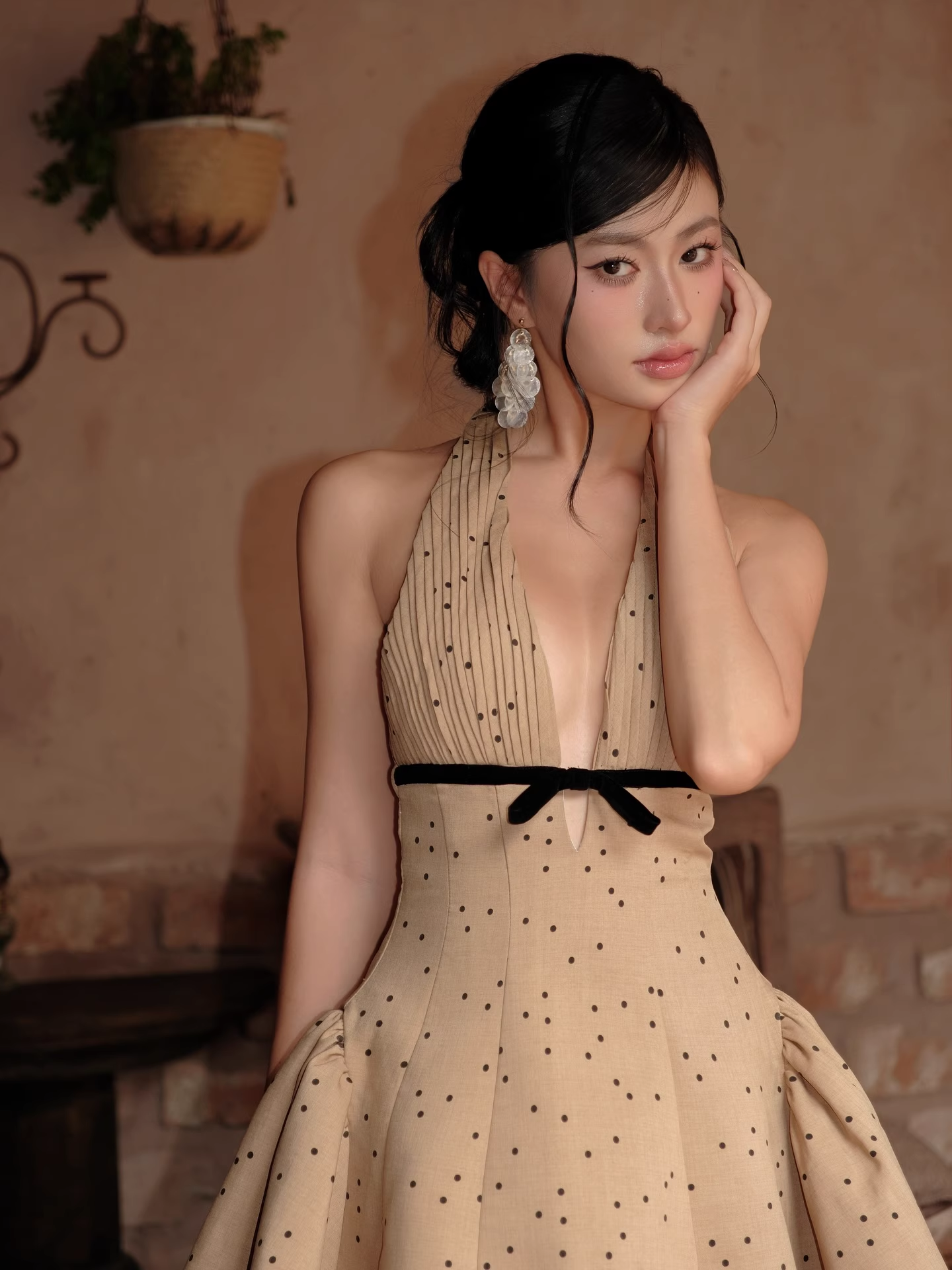 Vintage Khaki Polka Dot A-Line Homecoming Dress Halter-neck Party Dress Short Cocktail Dress T4632