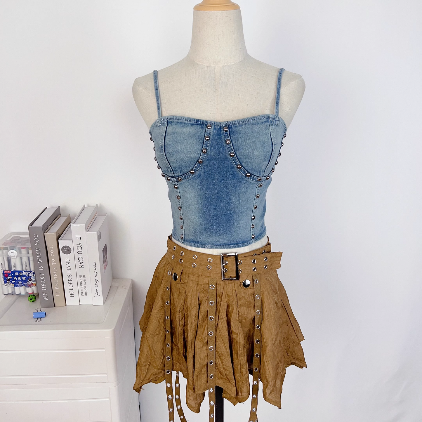 Vintage Irregular Ruffled Skirt Design A-line Casual Sleeveless Denim Vest A Two-piece Dress TP3256